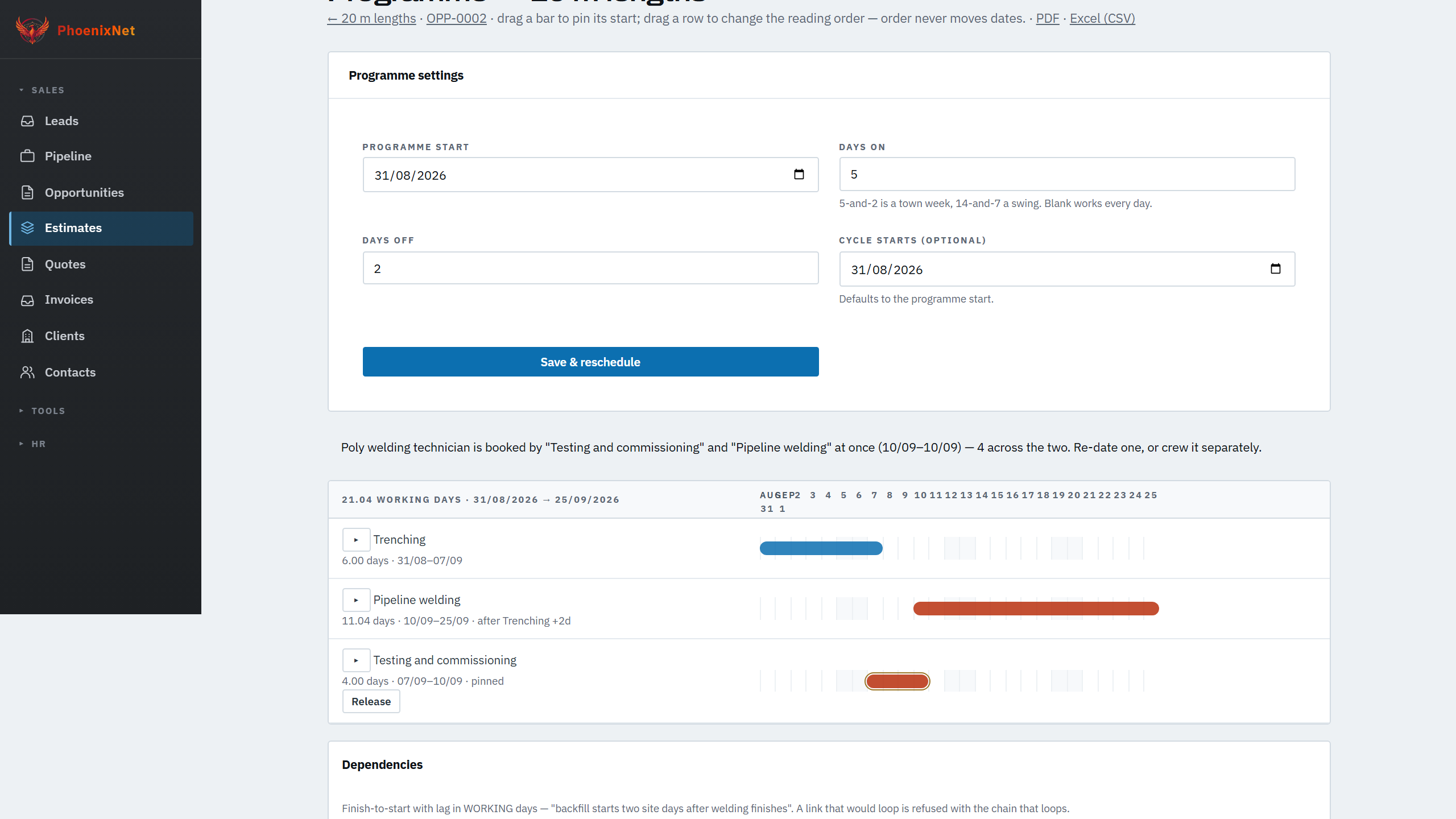 An estimating programme showing work sections, dates, dependencies, roster cycles and a resource clash