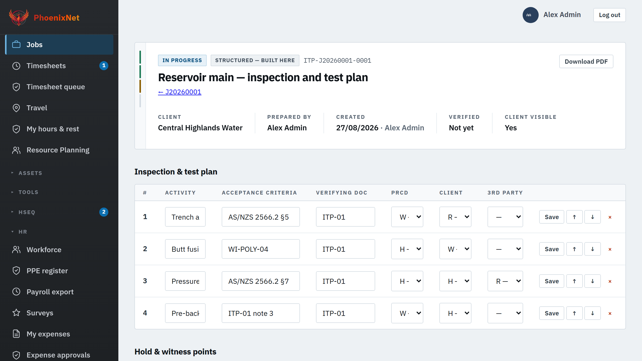 A structured inspection and test plan showing acceptance criteria, hold points, witness points and record provenance