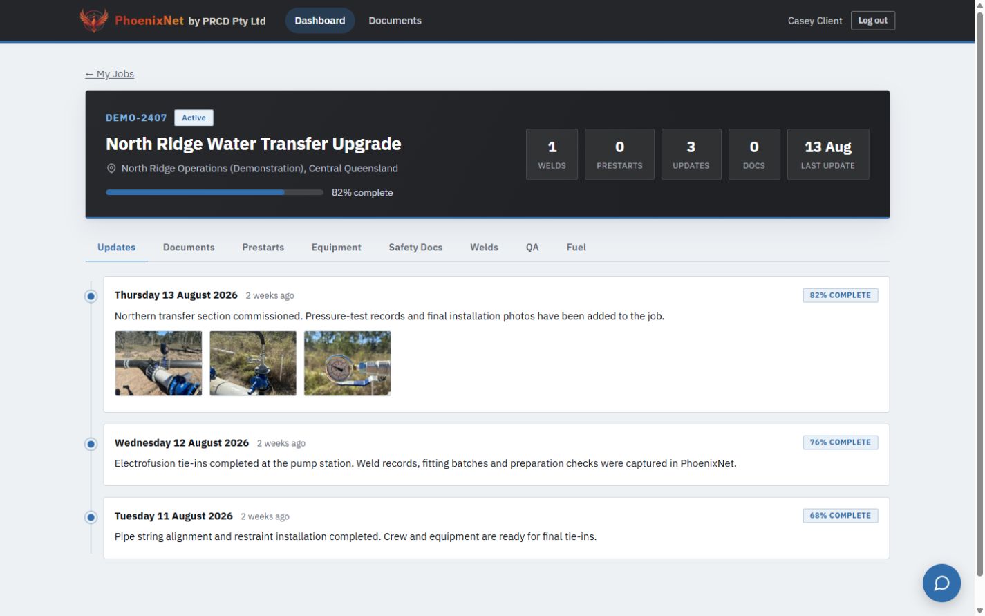 A client project workspace showing progress records, updates and site photographs
